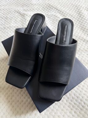 French Connection Black Leather Slide Mules